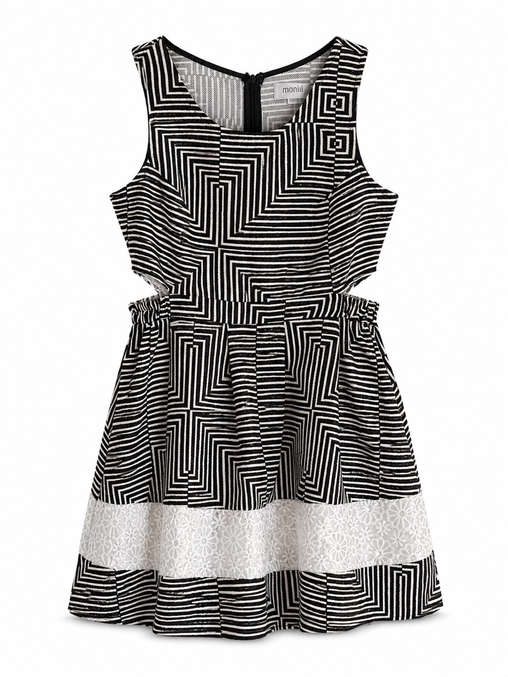 MANIJU Optical Maze Geometric Skater Fit & Flare Dress Cutout Waist M